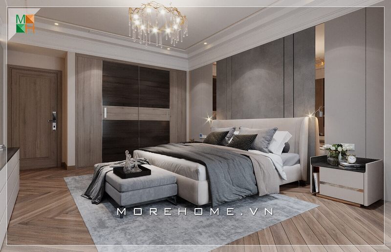 Sàn lát gỗ tự nhiên cao cấp tăng độ sang trọng cho căn phòng ngủ thêm đậm nét.