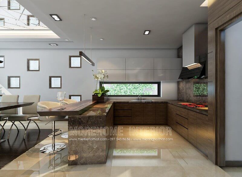 Thiết kế tủ bếp chữ U gỗ công nghiệp kết hợp quầy bar hoặc bàn ăn phụ nhỏ tạo tiện nghi cho người sử dụng