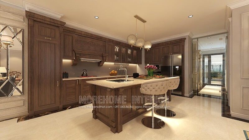 . Mẫu tủ bếp gỗ óc chó kiểu dáng chữ i song song cung cấp nhiều khoảng không gian lưu trữ giúp căn bếp biệt thự gọn gàng. Kết hợp với bàn ăn phụ, các bạn có thể trang trí thêm cho căn bếp để tạo nên sự sinh động, ấn tượng và có những bữa ăn ngon miệng và nhanh chóng hơn.